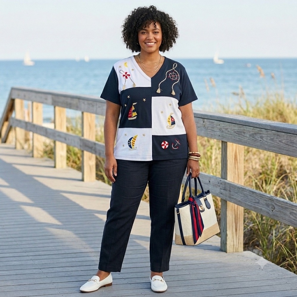 Womens Plus Vintage Nautical Sailboat Top Midnight Navy White Beaded 1X 90s